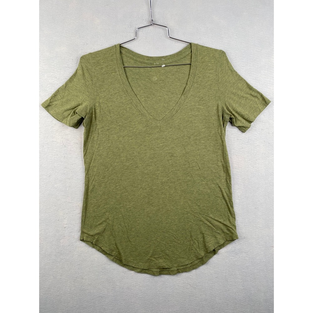 Lululemon Love Tee V-Neck Short Sleeve Shirt Heathered Olive Green Curved Hem